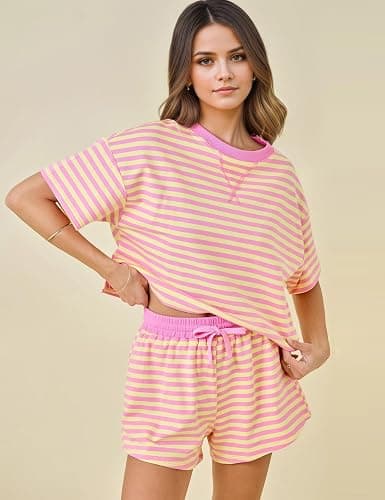 MSBESYOR Striped Set for Women Summer 2 Piece Lounge Sets Casual Pajamas Matching Set Short Sleeve T-Shirt and Shorts Outfits thumbnail 3