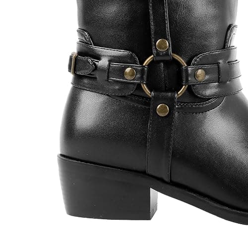 Elbslutt Mid Calf Boots For Women Chunky Low Heel Riding Booties Motorcycle Biker Round Toe Wide Calf Fashion Buckle Western Booties Trendy Stylish Shoes Boots thumbnail 5