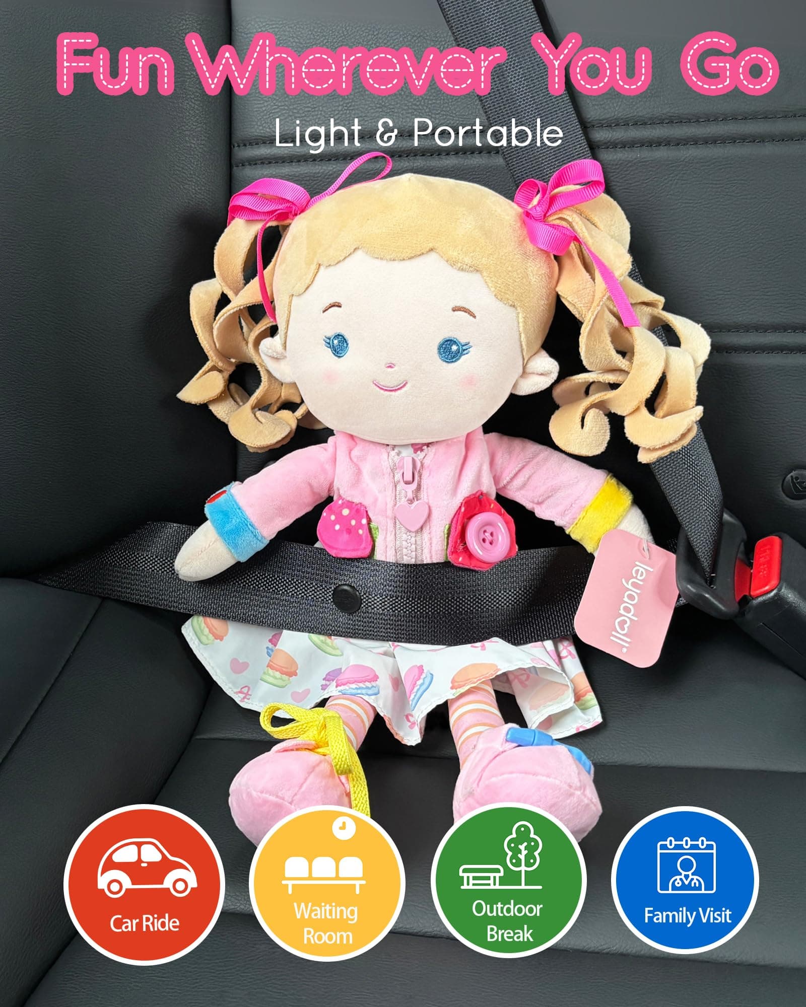 LeyaDoll Learning Sensory Doll (16") for Toddlers, Montessori Toys for 2-Year-Old Girls Christmas, Birthday Gifts, Plush Doll with Zipper, Shoelace, Button-Busy Flora Girl-Cupcake Girl thumbnail 4