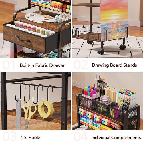 Homsorout Art cart, 3 Tier Rolling Cart - Utility Cart with Storage Drawer and Wheels, Versatile Art & Craft Organizer for Home, Office, or Studio Ideal for Storing Brushes, Paints （Brown） thumbnail 6