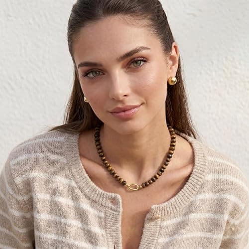 ROISE LADY Tiger Stone Natural Stone Beaded Necklaces for Women Boho Gemstone Bead Choker Summer Beach Vacation statement Trendy Charm Necklace thumbnail 2