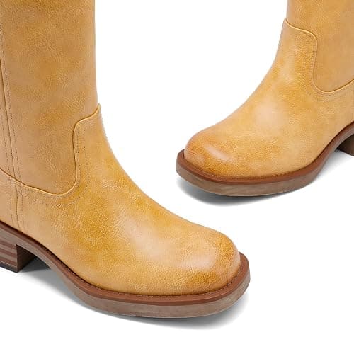 DREAM PAIRS Women's Square Toe Platform Chunky Block Heel Knee High Riding Boots | Square Round Toe,Riding Tall Boots,Side Zipper,Chunky Block Heel,Banana Yellow Brown Color,Summer Fall Fashion Daily Boots thumbnail 5