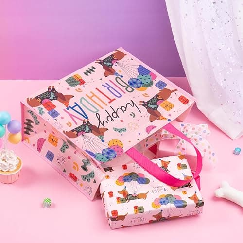 WRAPAHOLIC Large Reusable Pink Dachshund Birthday Gift Bag with Handles - 10 x 5 x 13 inch - Happy Bday Pink Dog Gift Bags for Kids Girls Birthday, Pet Lovers and Shopping thumbnail 6
