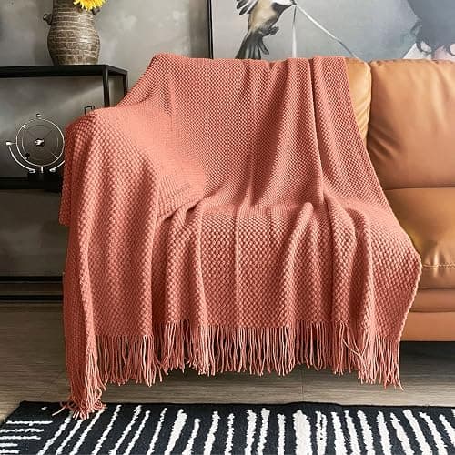 LOMAO Knitted Throw Blanket with Tassels Bubble Textured Lightweight Throws for Couch Cover Home Decor (Coral, 60x80) thumbnail 3