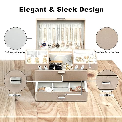 Dajasan Jewelry Box Organizer, Jewelry Boxes for Women Girls, 3 Layers Jewelry Gift Box for Christmas, Valentine's Day, Birthday, Mother's Day (Champagne) thumbnail 7