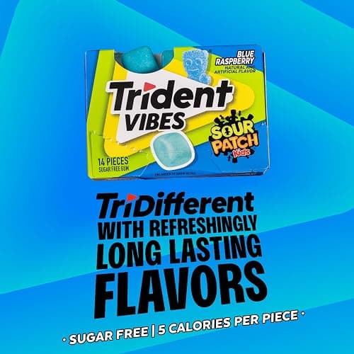 Trident Vibes BLUE RASPBERRY Sugar Free Chewing Gum, 14 Pieces (Pack of 9) | Chewing Gum with Xylitol, Pocket Packs, Perfect for Long Lasting Fresh Breath at School, Work & Travel thumbnail 5