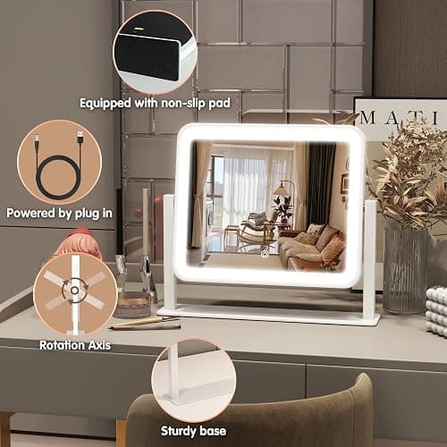 FENNIO Vanity Mirror with Lights 14"×12" Makeup Mirror with Lights,Lighted Vanity Mirror Tabletop,Smart Touch with 3-Color Lighting,Dimmable,for Vanity Desk Tabletop thumbnail 5