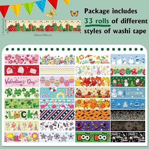 TaoBary 33 Rolls Holiday Plaid Washi Tape, 15 mm Seasonal Washi Tape Set Bohemian Colorful Vintage Cute for Card Wrapping Craft(Festive Style) thumbnail 2
