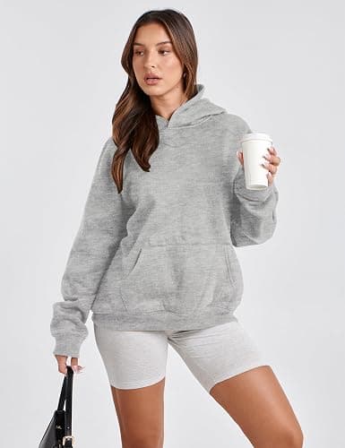 Lauweion Women Solid Basic Fleece Letter Loose Hoodie Sweatshirt Long Sleeve Kangaroo Pocket Drop Shoulder Pullovers Top thumbnail 5