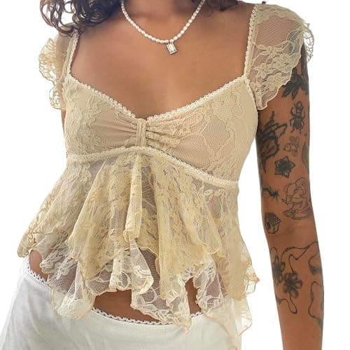 Women Lace Tank Top Cap Sleeve Vintage Floral Sheer Blouse - Image 1