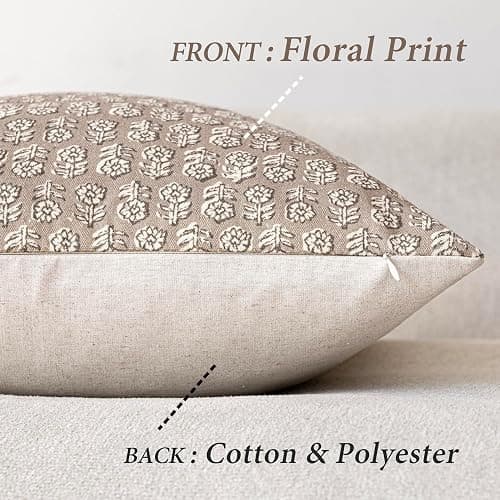 Foindtower Set of 2 Decorative Vintage Floral Print Throw Pillow Covers Neutral Modern Farmhouse Cushion Covers Boho Home Decor for Sofa Chair Couch Bedroom Living Room,18×18 Inch,Tan Taupe thumbnail 2