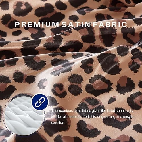 MR&HM Satin Fitted Sheet Twin Size, Elastic Corner Straps, Brown Leopard | 15" Deep Pocket, Secure Fit, No Slipping or Bunching, Silk-Like Feel, Cooling & Breathable, Gentle on Hair & Skin, 1 Pc thumbnail 4