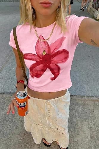 Tankaneo Womens Y2K Graphic Baby Tees Summer Flower Vintage Short Sleeve Tops Slim Fit Cropped T-Shirts thumbnail 4