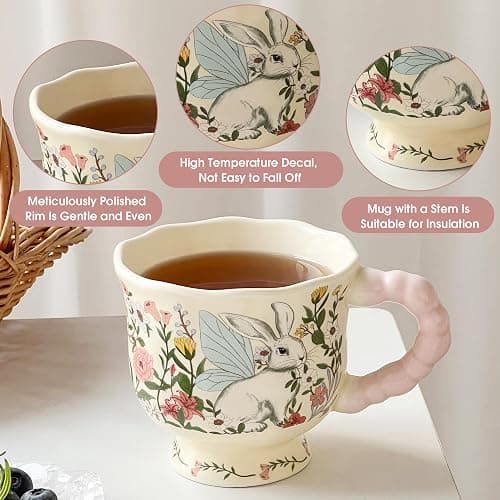 Movlen Rabbit Ceramic Coffee Mug, 13oz Cute Cartoon Tea Cup with Handle, Animals Porcelain Mug for Latte Cappuccino Milk Cocoa, Kawaii Birthday Easter Gifts for Girl Friends Mom thumbnail 4