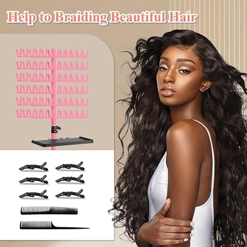 OLMRJKD Braiding Hair Rack with Tray, 144 Pegs Height Adjustable Braiding Rack, 2-side Hair Extension Holder Hanger, Hair Stand with Stylist Hair Braiding Tools for Hair Salon Home Traveling (Pink) thumbnail 6