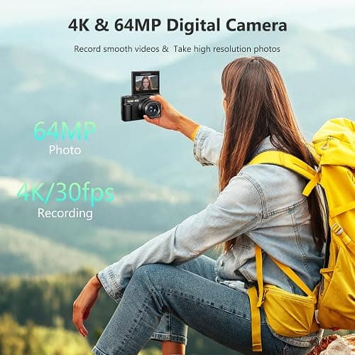 4K Digital Camera for Photography, 64MP Vlogging Camera for YouTube with 3" 180° Flip Screen, 18X Digital Zoom Point and Shoot Camara with 32GB Micro SD Card for Beginner (Black) thumbnail 2
