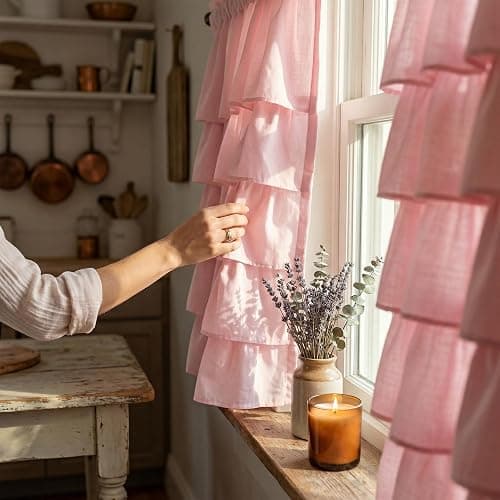 WestWeir Pink Ruffle Cafe Curtains 24 Inch Length Water Repellent Double Layer Kitchen Window Tiered Treatments 2 Panels for Bathroom Laundry RV Farmhouse Boho Decor thumbnail 7
