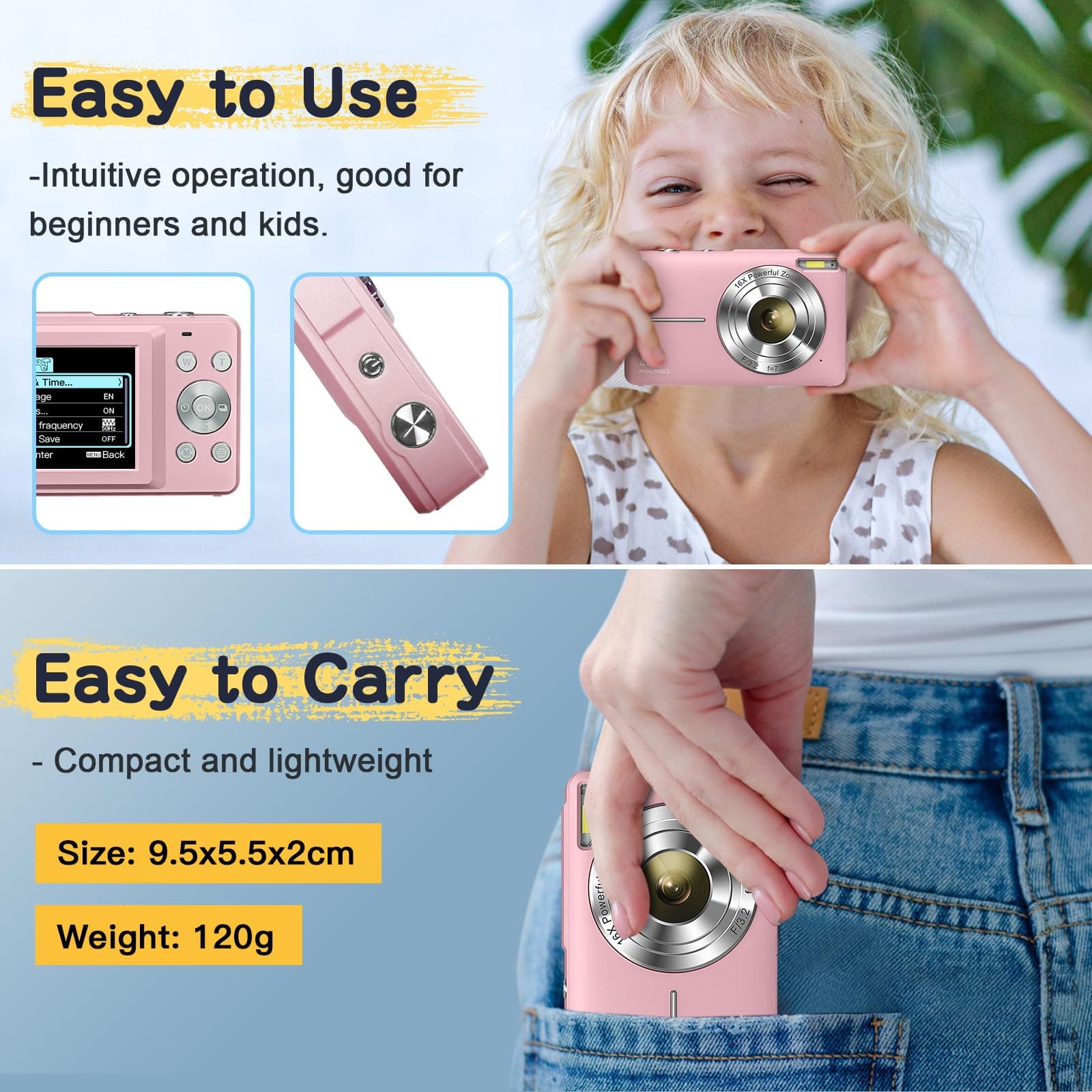 Digital Camera FHD 1080P 44MP with 32G 16X Digital Zoom Card with Battery Simple Portable Digital Camera for Kids Students Teens Beginners Elder(Pink) thumbnail 6