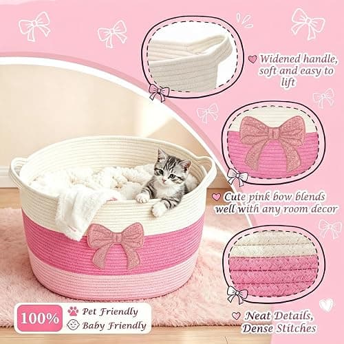 Laundry Basket Hamper for Clothes Blanket Stuffed Animal Storage Kids Pink | Blanket Storage Clothes Hamper Bow Woven Basket with Handles 55L for Girl Cute Aesthetic Room Laundry Nursery Decor Aesthetic thumbnail 4