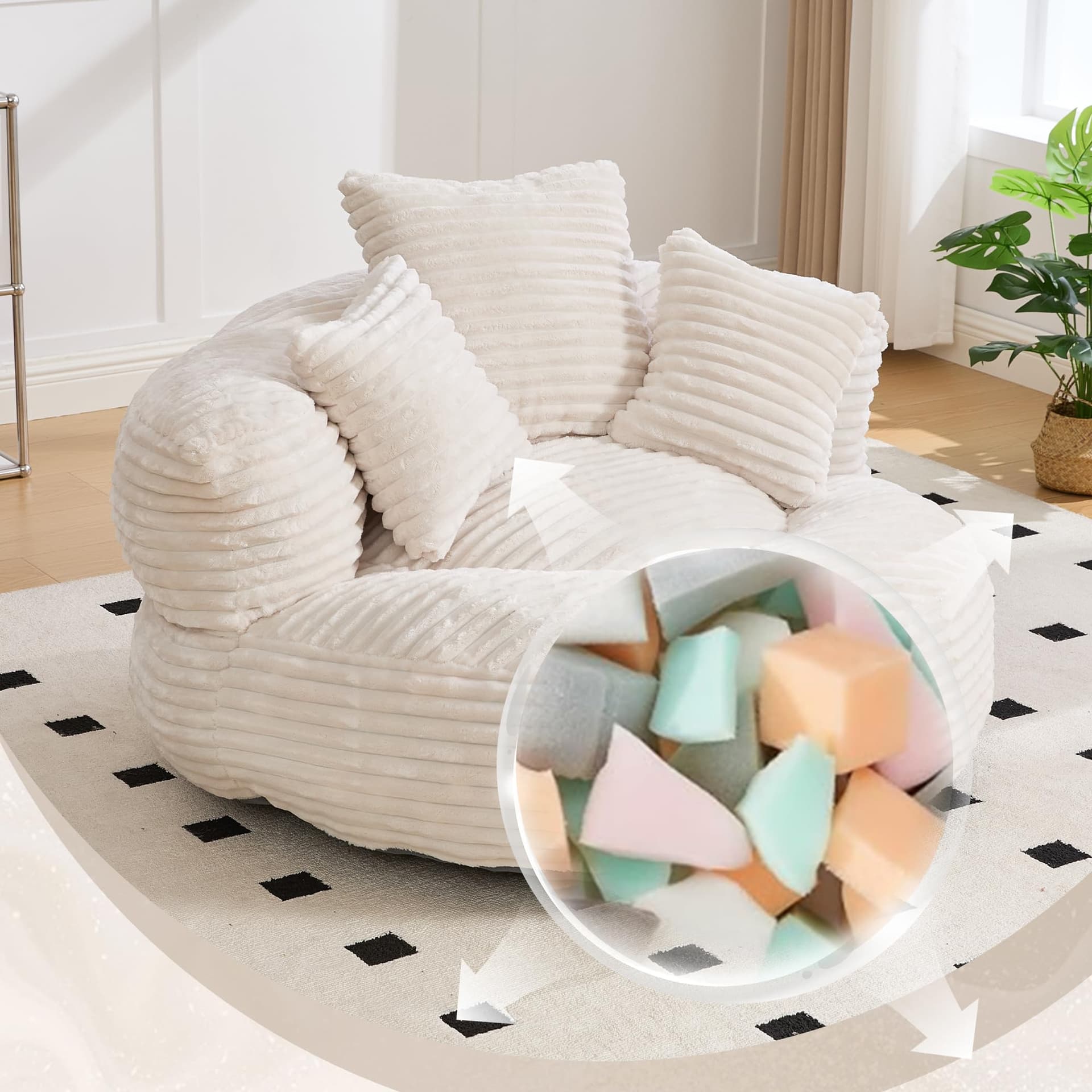 Soweiz Sofa Durable Comfort Lounger High Back Bean Bag Chair Sofa with Three Cushions for Adults and Kids, Single Gaming Couch Chair for Bedroom, Office (Corduroy Fabric Beige) thumbnail 6