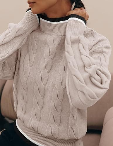 ZESICA Women's Casual Long Sleeve Mock Neck Cable Knit Contrast Color Fall 2025 Winter Chunky Pullover Sweater thumbnail 2