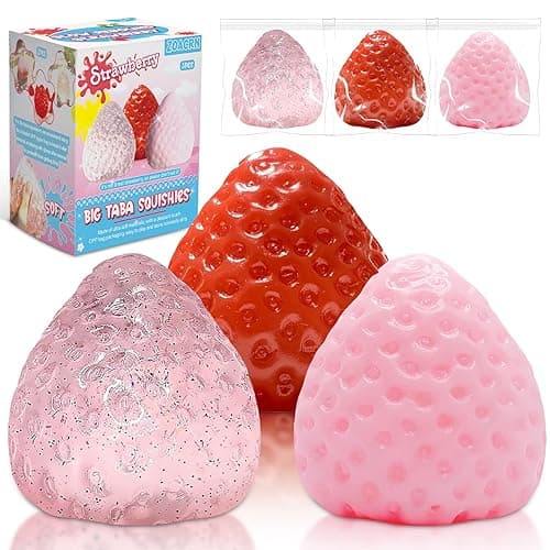 3Pcs Big Taba Squishies Strawberry, Cute Strawberry Squeeze Toys, Upgrade Fruit Squishies, Kawaii Sticky Stress Toys, Clear Fidget Toys, OPP Packaging Gifts & Perfect Desk Accessory for Kids Adults - Image 1