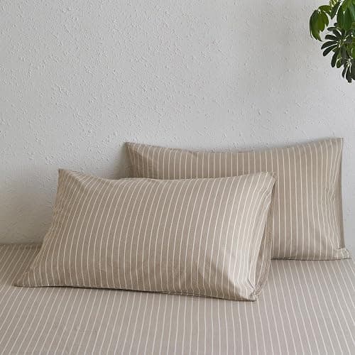 MooMee Bedding Pillowcases Striped Pack of 2 100% Washed Cotton Linen Like Textured Breathable Durable Soft Comfy (Tannish Linen Grey White Wide Stripes, Standard) thumbnail 2