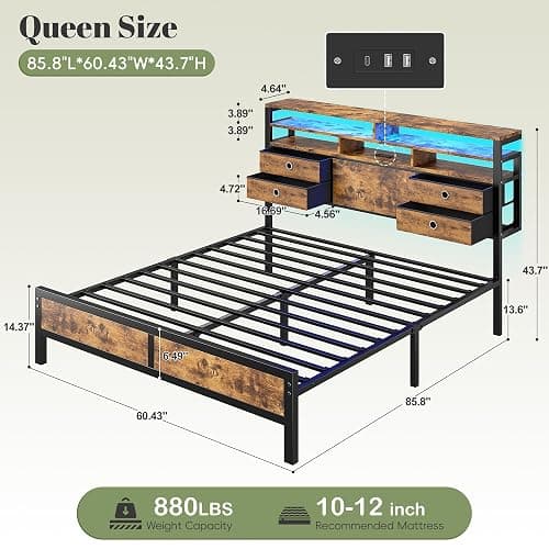 Homkdom Queen Bed Frame with 4 Drawers, Charge Station & LED Lights, Brown | Storage Headboard with 3-tier Shelves, Heavy-duty metal loads 880lbs, Noise-free, No box spring needed, Easy assembly thumbnail 2