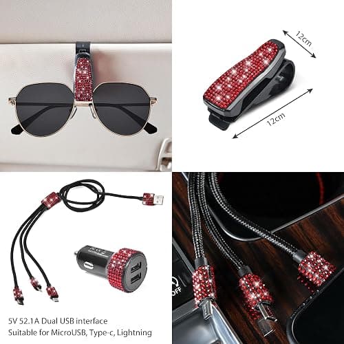 CAR PASS 30 PCS Bling Diamond Car Accessories Set for Women, Bling Steering Wheel Covers 15 Inch, Shining Rhinestone License Plate Frame, Sparkly Phone Holder, Cute Interior Set Decorations, Red thumbnail 6