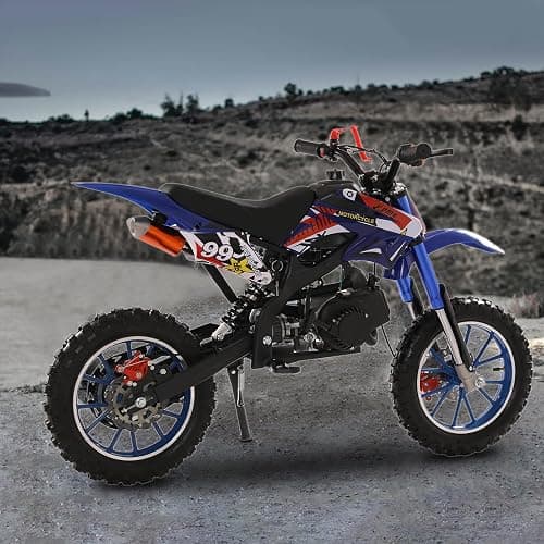 HshDUti 49cc 2-Stroke Gas Powered Motocross Dirt Bike for Kids, Off Road Mini Motorcycle With Front Rear Disc Brakes, Birthday Gifts - Blue thumbnail 5