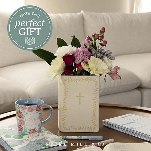 Steel Mill & Co. Ceramic Book-Shaped Vase, The Word | Original Large Decorative Vases for Christian Home Decor, Classic Faith Bookshelf Decor, Unique Vase for Religious Living thumbnail 9
