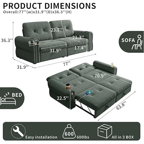 ZHCREAL 77" Queen Size Sofa Bed, Loveseat Sleeper Sofa with Pull Out Bed and USB, 2 Seater Convertible Small Couch for Living Room Bedroom Apartment (Green, Chenille) thumbnail 3