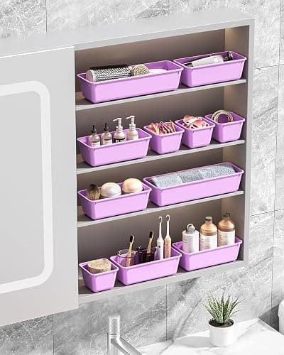 Canfanni 13 Pack Plastic Drawer Organizers Set, 3 Sizes Desk Drawer Organizer Trays for Vanity and Makeup Organizer, Organization and Storage for Makeup, Kitchen Utensils, Bathroom and Office(Purple) thumbnail 2