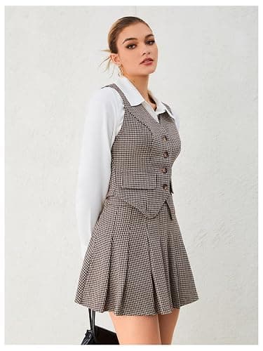 Milumia Women's Plaid Skirt Sets 2 Piece Outfits Blazer Vest Top and Pleated Mini Skirt Suit thumbnail 4