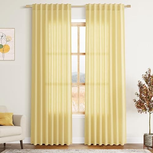 Yellow Linen Blend Drapes 84 Inch Length 2 Panels Set Back Tab Rod Pocket Light Filtering Privacy Semi Sheer Textured Curtain Neutral Farmhouse Decor for Living Room Bedroom Curtains 52x84 - Image 1