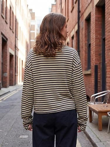 KOSUSANILL Striped Long Sleeve Shirt Women Oversized Baggy Crewneck Tshirt | Boxy Cropped Tee Tops Y2K Cute Preppy Sweatshirt Vintage Teen Girls Fall Pullover Top thumbnail 5