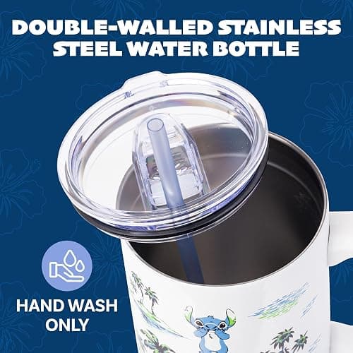 Silver Buffalo Disney Lilo and Stitch Vintage Sketch Palm Trees and Flowers Stainless Steel Tumbler with Handle and Straw, Fits in Standard Cup Holder, 40 Ounces thumbnail 4
