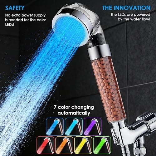 Vacto LED Handheld Shower Head Set with Filtration, Automatic 7-color Changing Shower Head Kit, High Pressure Handheld Shower Head with Hose and Bracket, Water Saving Showerheads with Filtration Beads thumbnail 4
