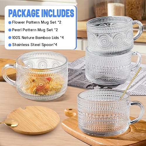 Vintage Glass Coffee Mugs 4 Set, 14oz Overnight Oats Containers with Bamboo Lids and spoon, Glass Tea Cups, Coffee Bar Accessories, Ideal Birthday, Holiday Gifts for Women thumbnail 4