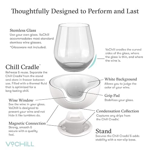 VoChill Stemless Wine Glass Chiller | Keep the Chill In Your Glass | Made In USA | Separable & Refreezable Chill Cradle | Actively Chills Stemless Glassware | Sand, Single Stemless thumbnail 5