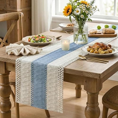 Artoid Mode Sky Blue Farmhouse Rustic Table Runner, Seasonal Holiday Hollow Kitchen Dining Table Decoration for Home Party Decor 12x72 Inch thumbnail 5