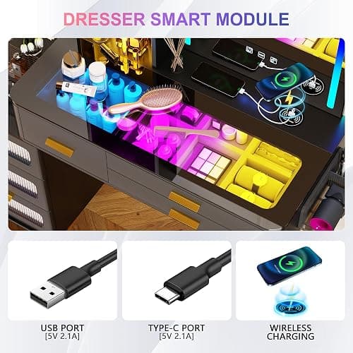 HNEBC Vanitys with HD Glass Display Table, Makeup Desk with Lighted Mirror and Charging Station, Dressing Table with RGB Lights,Jewelry Organizer,Cabinet,6Drawers,Chair for Women/Girls (Black) thumbnail 3