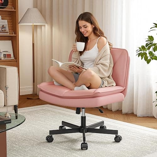 DurayLoly Criss Cross Chair with Wheels,Cross Legged Office Chair with 2 Layer Comfty Leather & Back,Armless Wide Vanity Chair for Home Office,Pink - Image 1