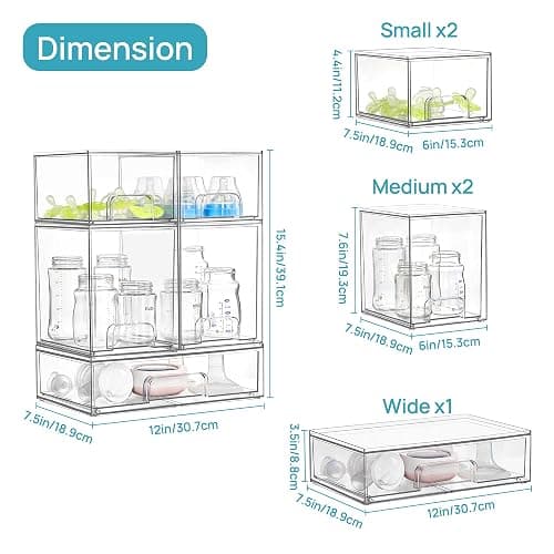 Vtopmart Stackable Storage Drawers Set of 5, Clear Plastic Organizer Bins for Baby Bottle, Beauty Supplies Storage, Ideal for Kichen Countertop, Vanity, Bathroom, Cabinet, Pantry Organization thumbnail 3