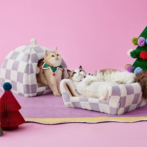 Lesure Cute Cat Beds for Indoor Cats - 2 in 1 Cat Cave Bed for Kittens and Small Pets with Removable Washable Cushioned Pillow, Cozy Kitten with Non-Slip Bottom, Purple, 16 inches thumbnail 2