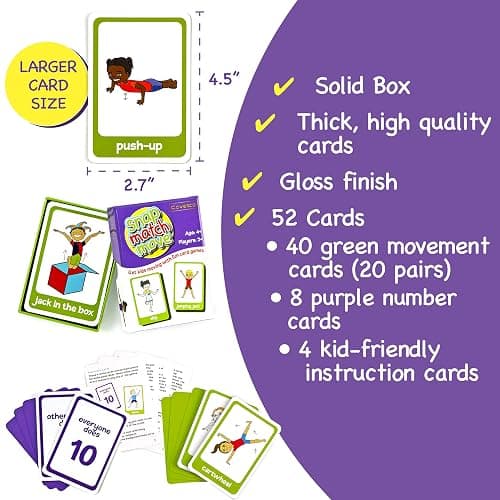 Covelico Exercise Cards for Kids, Play PE Games with 20 Exercises, 52 Cards | PE Teacher Must Haves, Solo or Group Play, Indoor Classroom Recess Games, Home School Therapy, Snap Memory Go Fish, Ages 4+ thumbnail 6