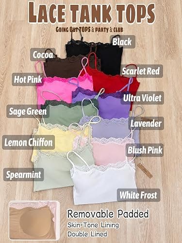 Starrylion Padded Lace Top Double Lined Crop Tank Tops Going Out Cami Shirt | Skin-Tone Lining, Removable Pads, Adjustable Straps, Fitted, Backless, Square Neck, Club, Party, Y2K Going Out Tops thumbnail 5