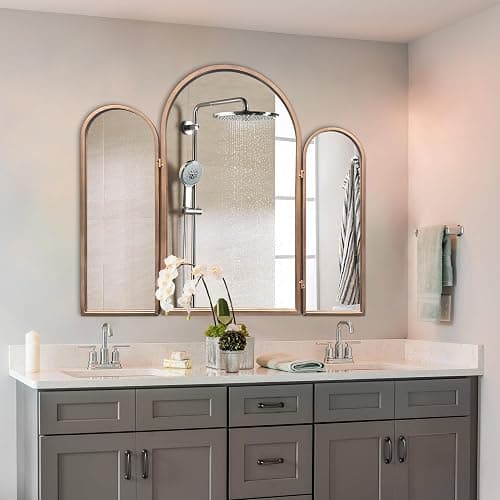 BAODANFU 3 Way Mirror Bathroom, Trifold Vanity Mirrors for Bathroom Bedroom, Large Arch Mirrors Decorative Vintage Gold, Adjustable Makeup Mirror for Braiding Hair 360° Way Tabletop & Wall Mounted thumbnail 4