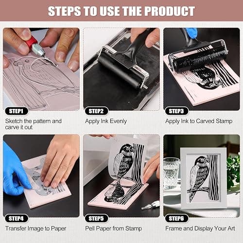 Bobblebro Linocut Kit for Printmaking - Arts and Crafts for Adults - Back to School Gifts DIY Kit - Hobby Kits Birthday Gift for Women Men Boys Girls - Stamp Making Kit - Linoleum Blocks Carving Tools thumbnail 6