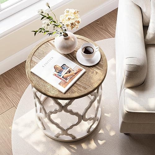 karlott Farmhouse End Table, 18.5'' French Country Round Side Table, Distressed Tray Top Side Table with Curved Motif Frame Base for Boho, End Tables Living Room, Bedroom, Small Space, Cream Beige thumbnail 7